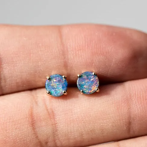 Australian Doublet Opal Round Stud Earrings 18K Yellow Gold