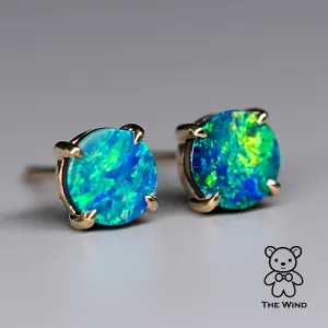 Australian Doublet Opal Round Stud Earrings 18K Yellow Gold
