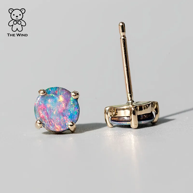 Australian Doublet Opal Round Stud Earrings 18K Yellow Gold