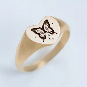 Butterfly Heart signet ring 14k gold