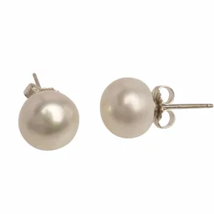 Classic Button Cultured Pearl Post Earrings 7mm Natural White Freshwater