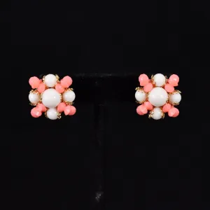 Coral & White Bead Cluster Earrings