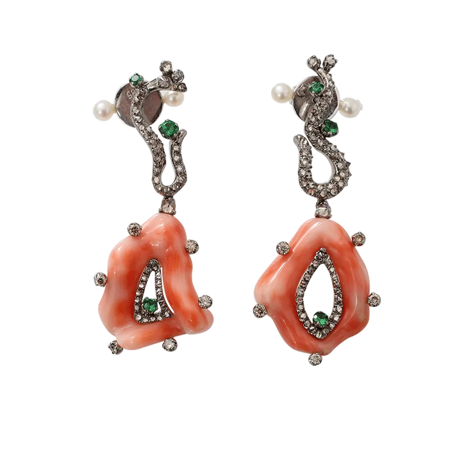 Coral And Diamond Drop Earrings