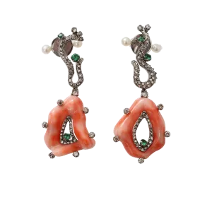 Coral And Diamond Drop Earrings