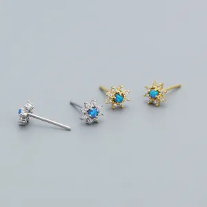 Cute Mini Blue Created Opal CZ Flower Stud Earrings (925 Sterling Silver)