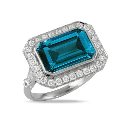 Doves 18K White Gold Diamond Ring with London Blue Topaz
