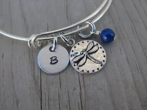Dragonfly Stingray Charm Bracelet- Adjustable Bangle Bracelet with an Initial Charm and an Accent Bead of your choice