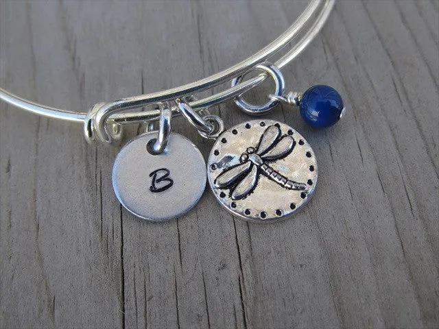 Dragonfly Stingray Charm Bracelet- Adjustable Bangle Bracelet with an Initial Charm and an Accent Bead of your choice