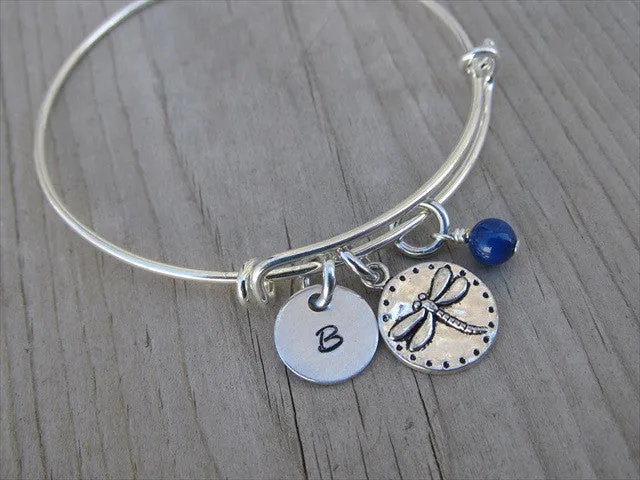 Dragonfly Stingray Charm Bracelet- Adjustable Bangle Bracelet with an Initial Charm and an Accent Bead of your choice