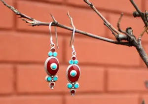 Floral Inlaid Turquoise and Coral Dangle Silver Earrings