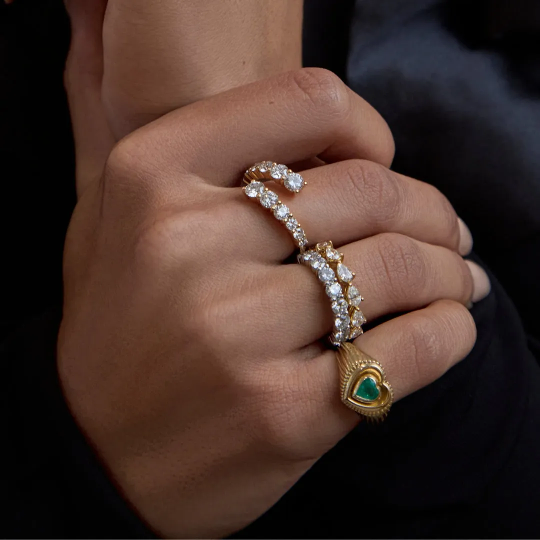 Fluted Heart Emerald Diamond Signet Ring