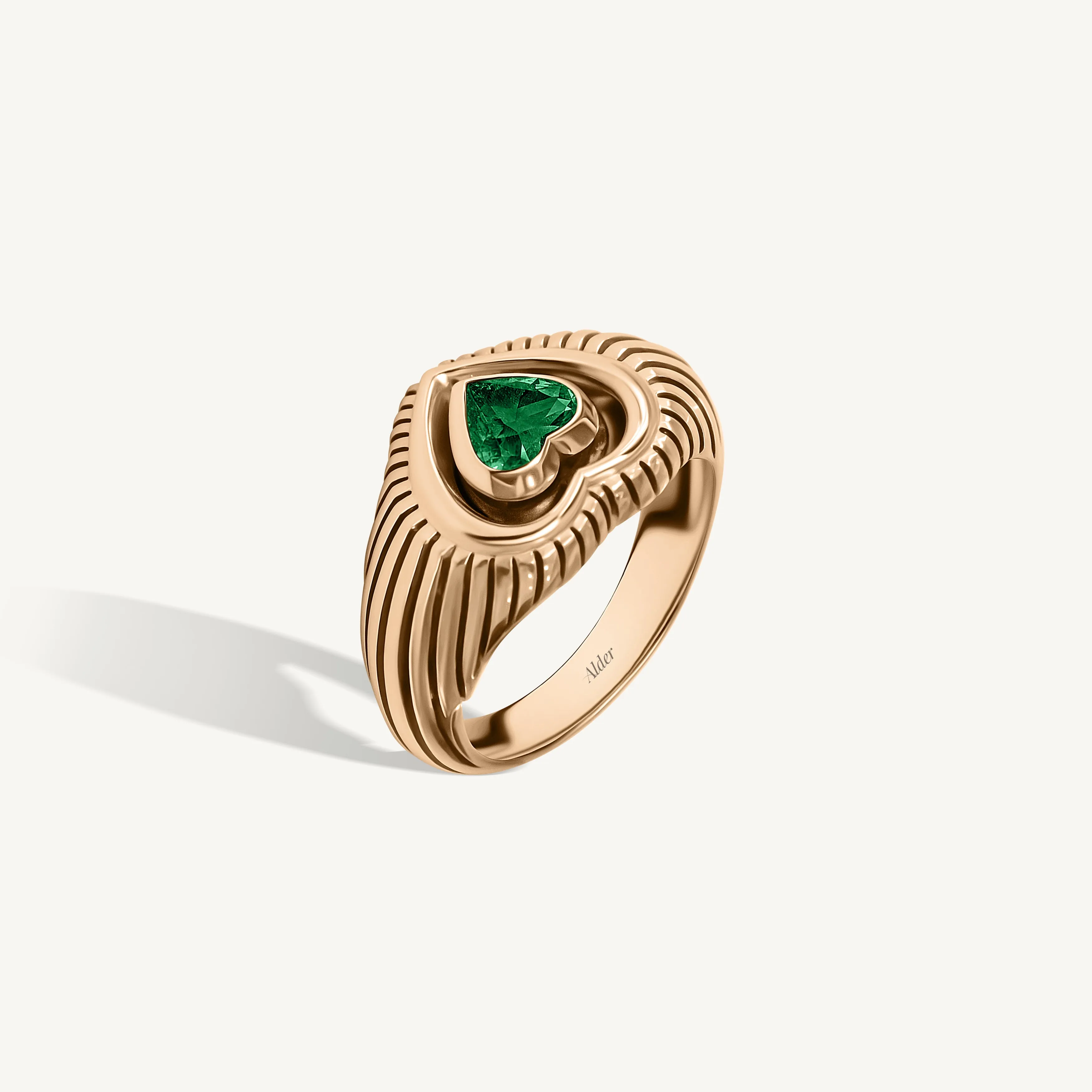 Fluted Heart Emerald Diamond Signet Ring