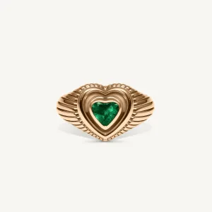 Fluted Heart Emerald Diamond Signet Ring