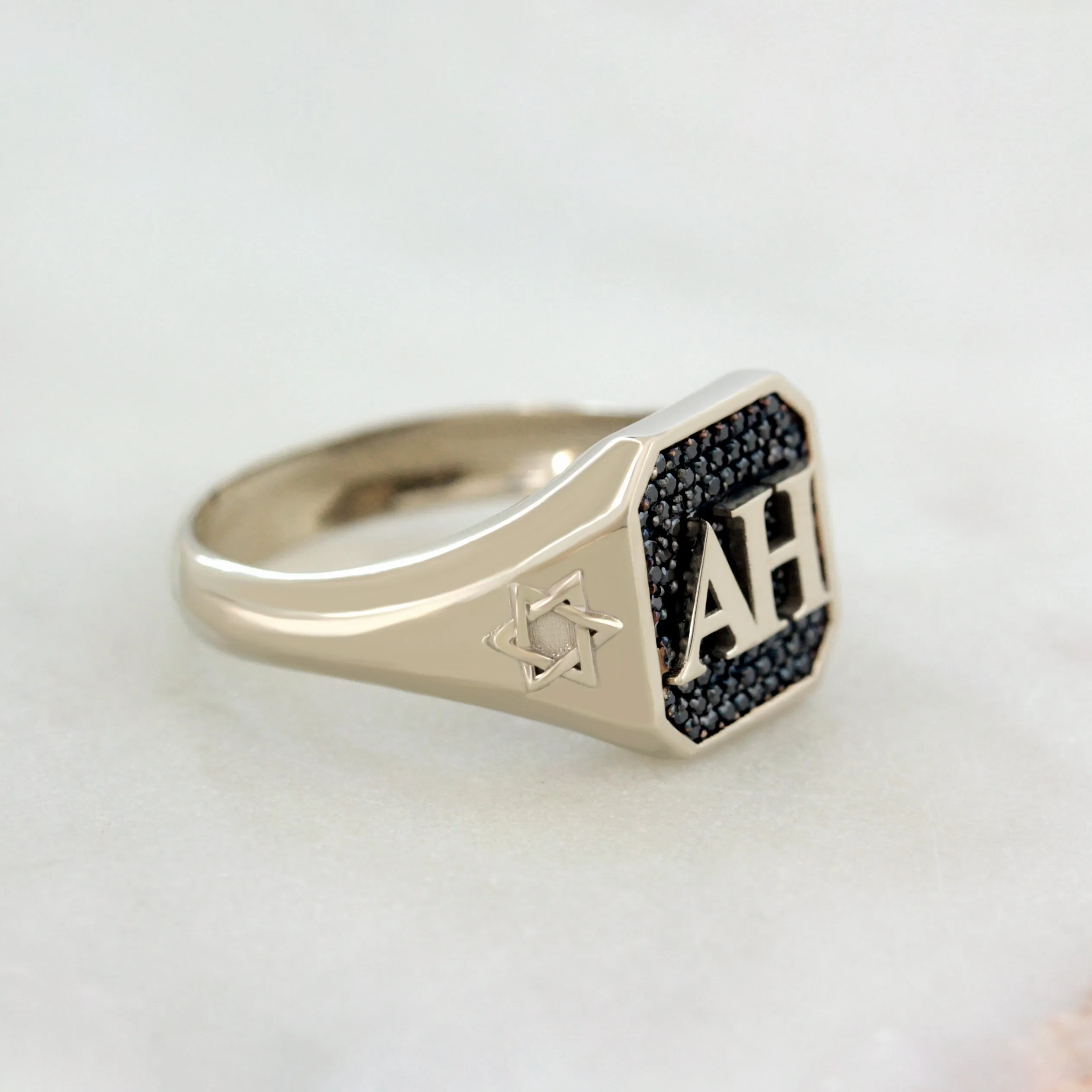 Fully Personalized Men College Signet Ring, Black Diamonds