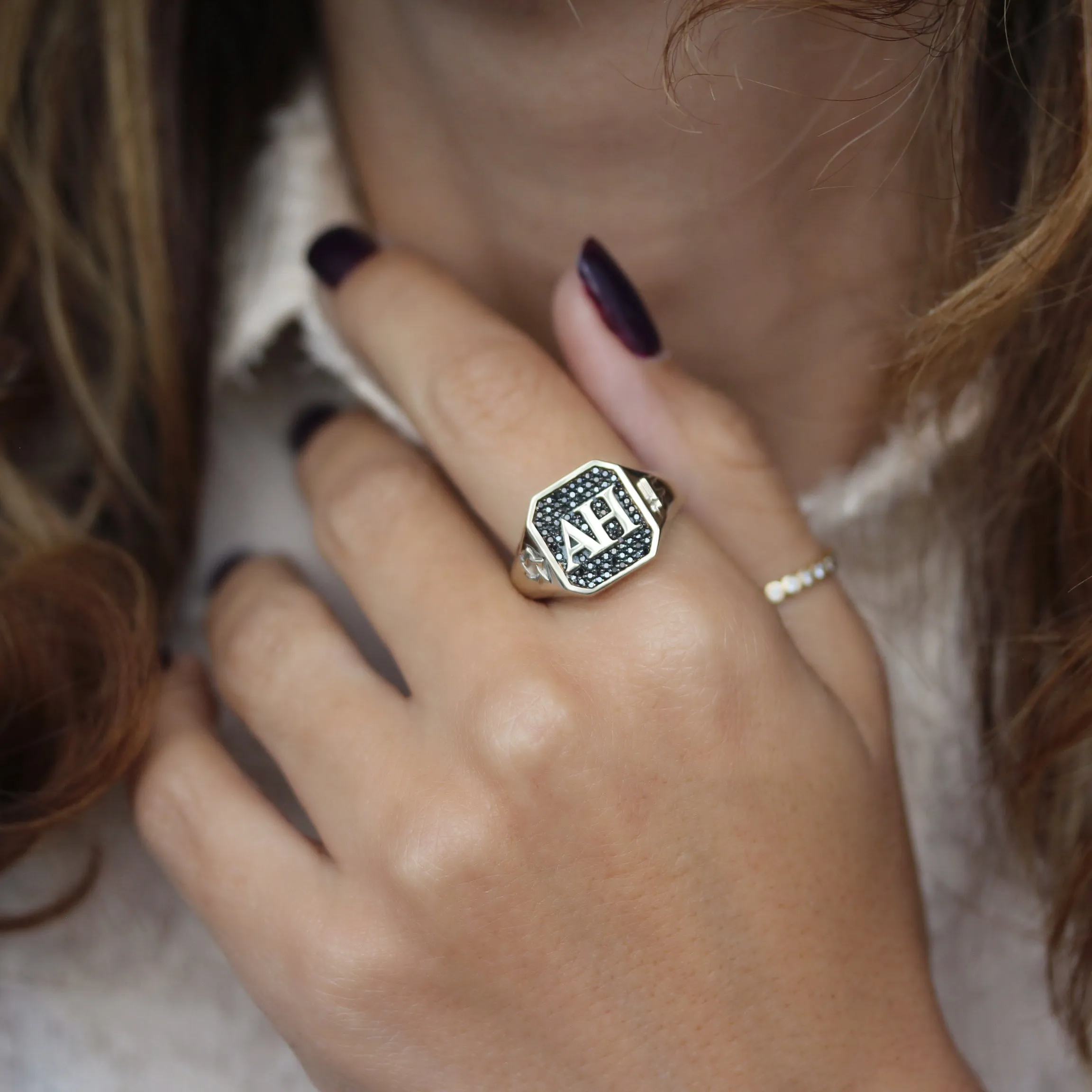 Fully Personalized Men College Signet Ring, Black Diamonds