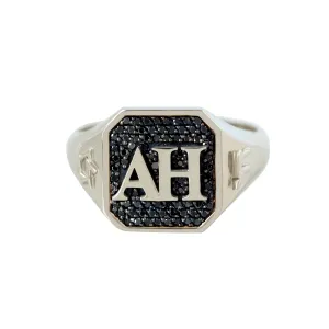 Fully Personalized Men College Signet Ring, Black Diamonds
