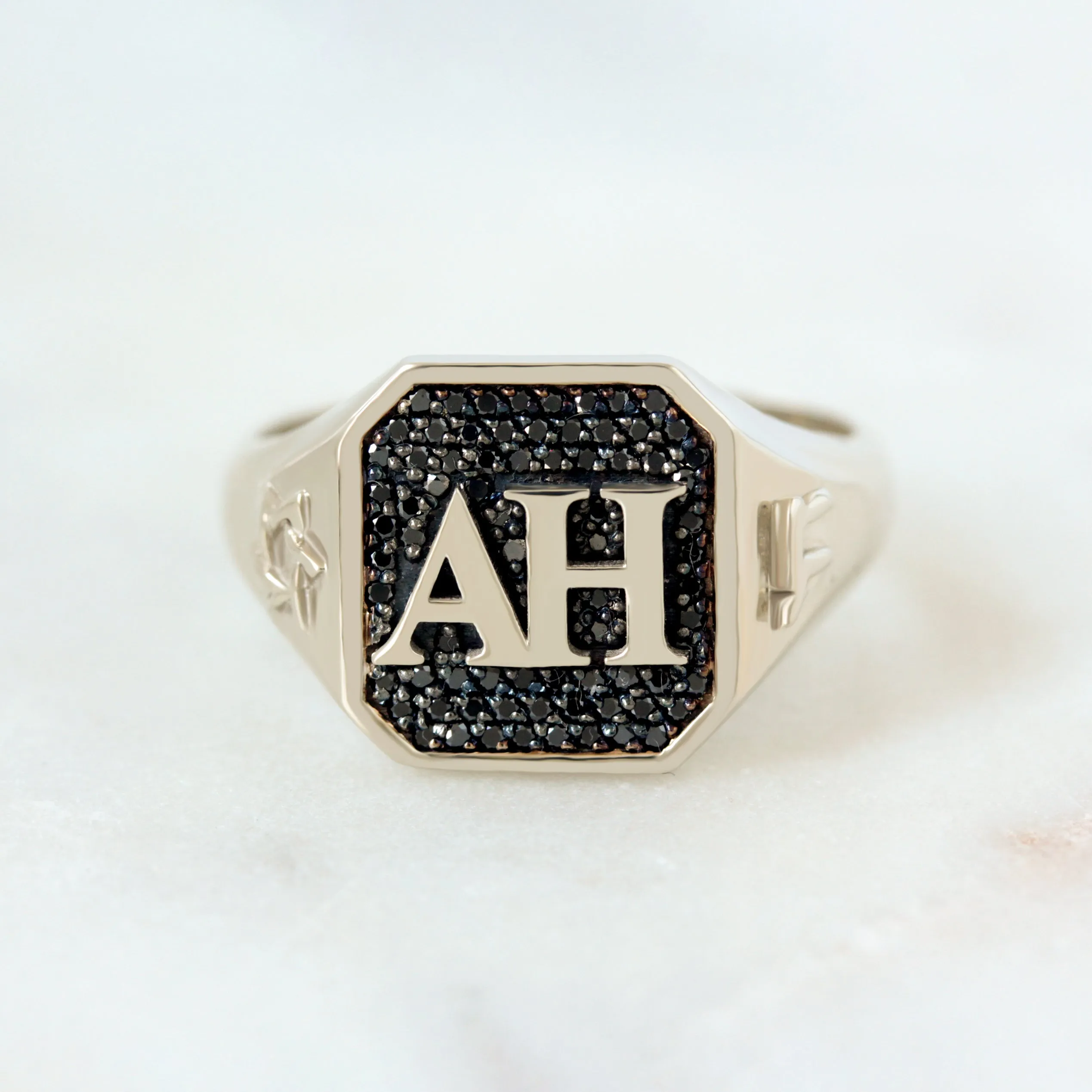 Fully Personalized Men College Signet Ring, Black Diamonds