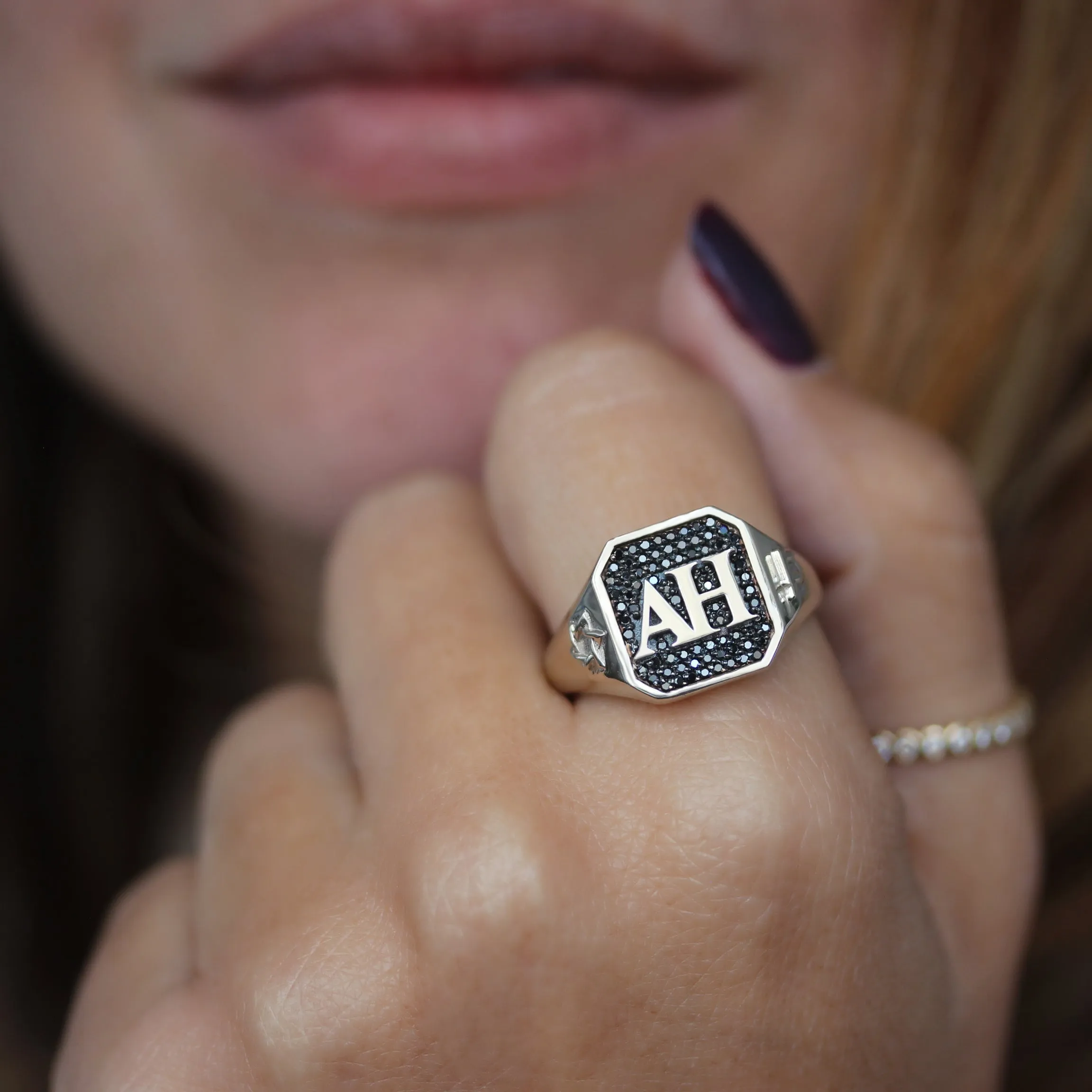 Fully Personalized Men College Signet Ring, Black Diamonds
