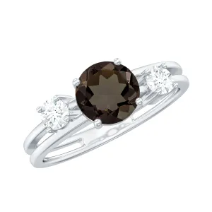 Genuine Smoky Quartz Double Band Ring with Diamond