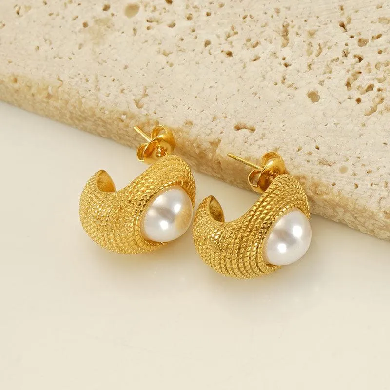 Gold-Plated Simulated Pearl Stud Earrings – Elegant Vintage Bohemian Earrings