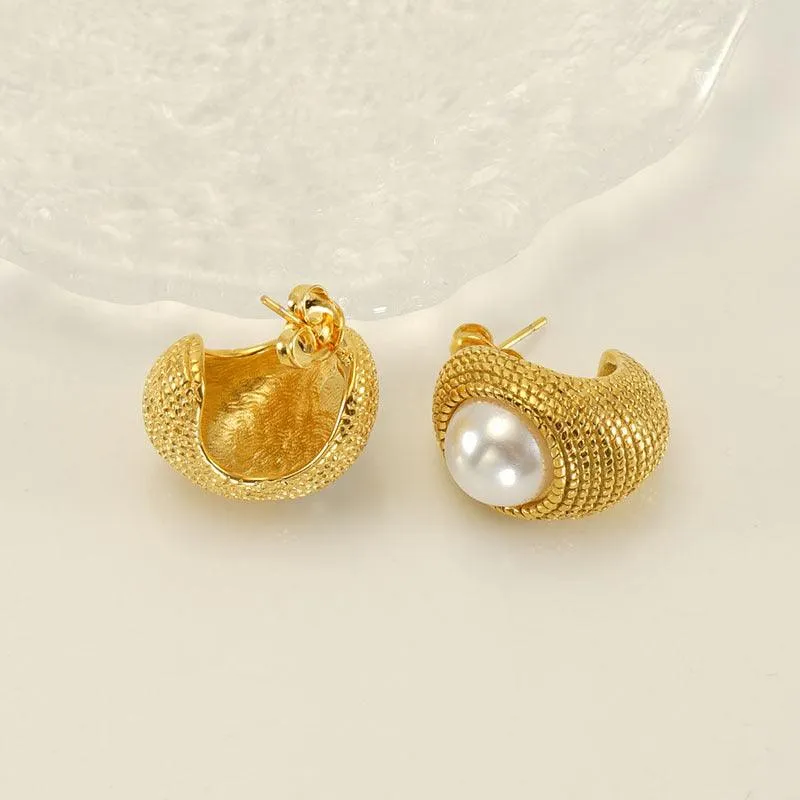 Gold-Plated Simulated Pearl Stud Earrings – Elegant Vintage Bohemian Earrings