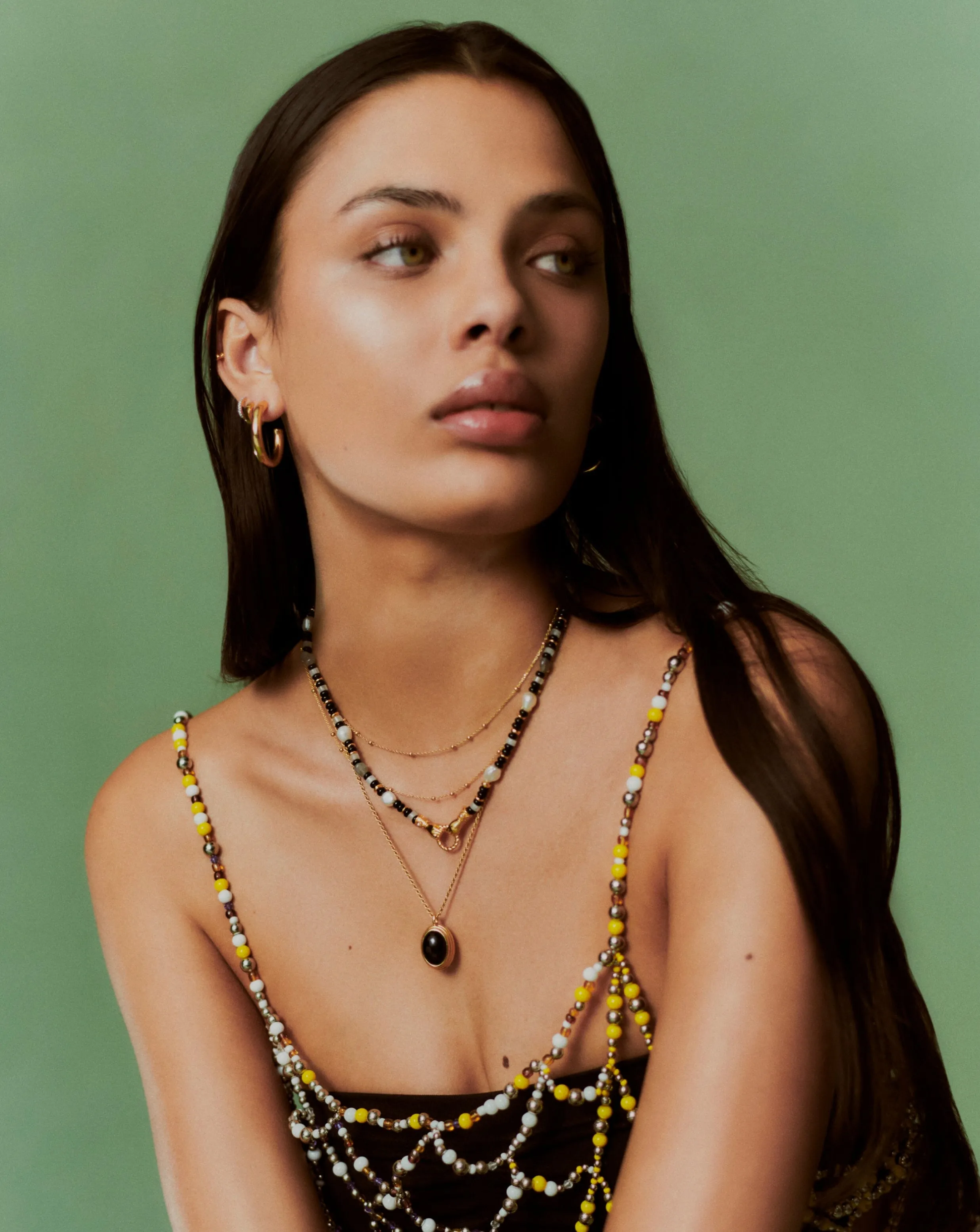 Harris Reed In Good Hands Beaded Gemstone Necklace | 18k Gold Plated/Black Chalcedony & Pearl