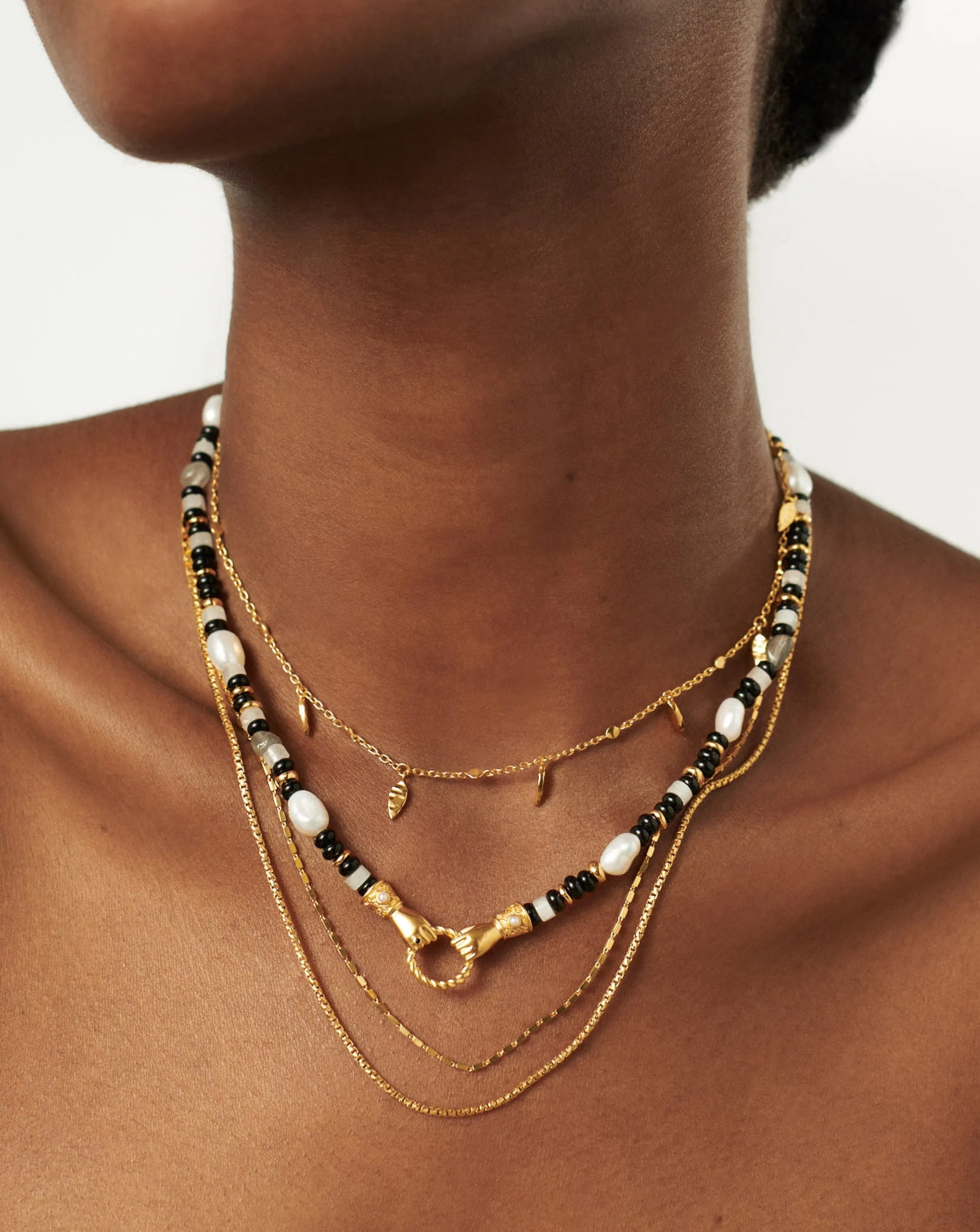 Harris Reed In Good Hands Beaded Gemstone Necklace | 18k Gold Plated/Black Chalcedony & Pearl