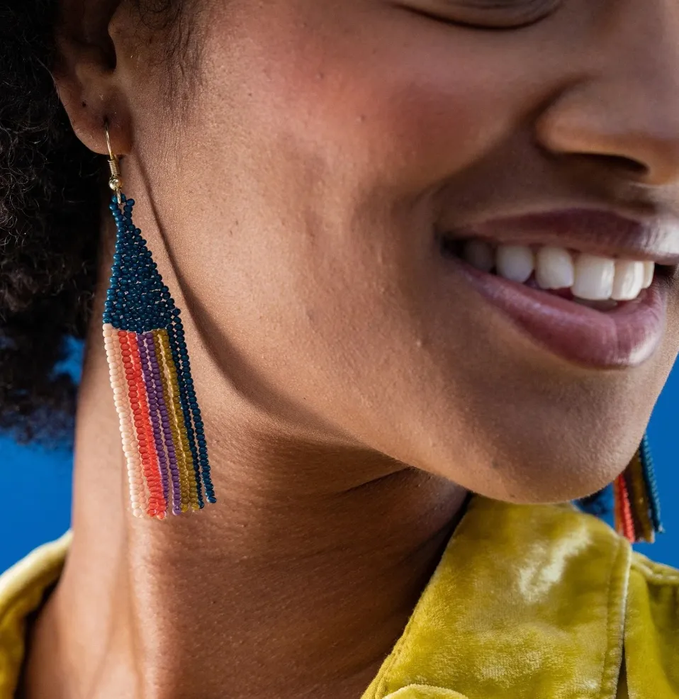 Ink   Alloy Lennon Vertical Stripes Beaded Fringe Earrings Citron   Coral