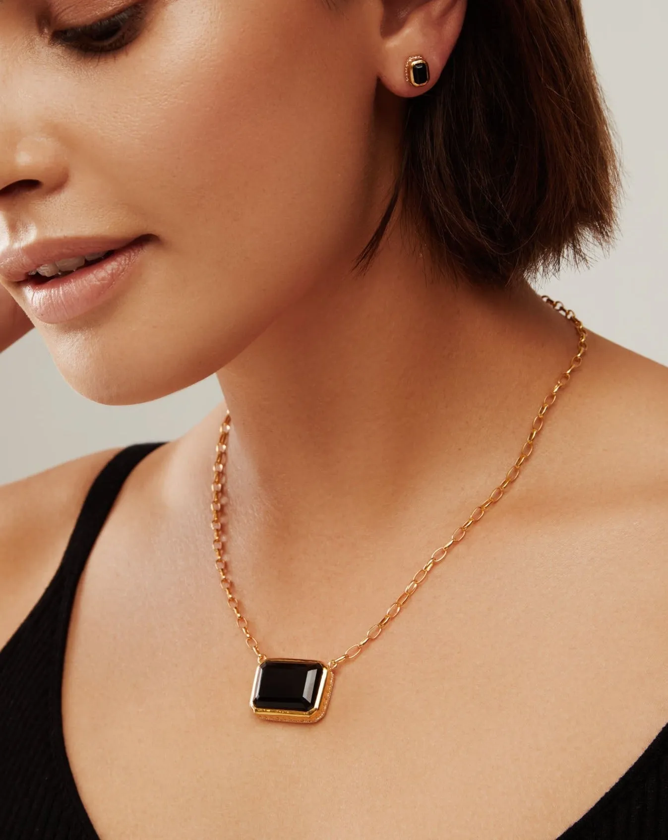 Large Black Onyx Rectangle Necklace - Gold - NK10370-GBONX