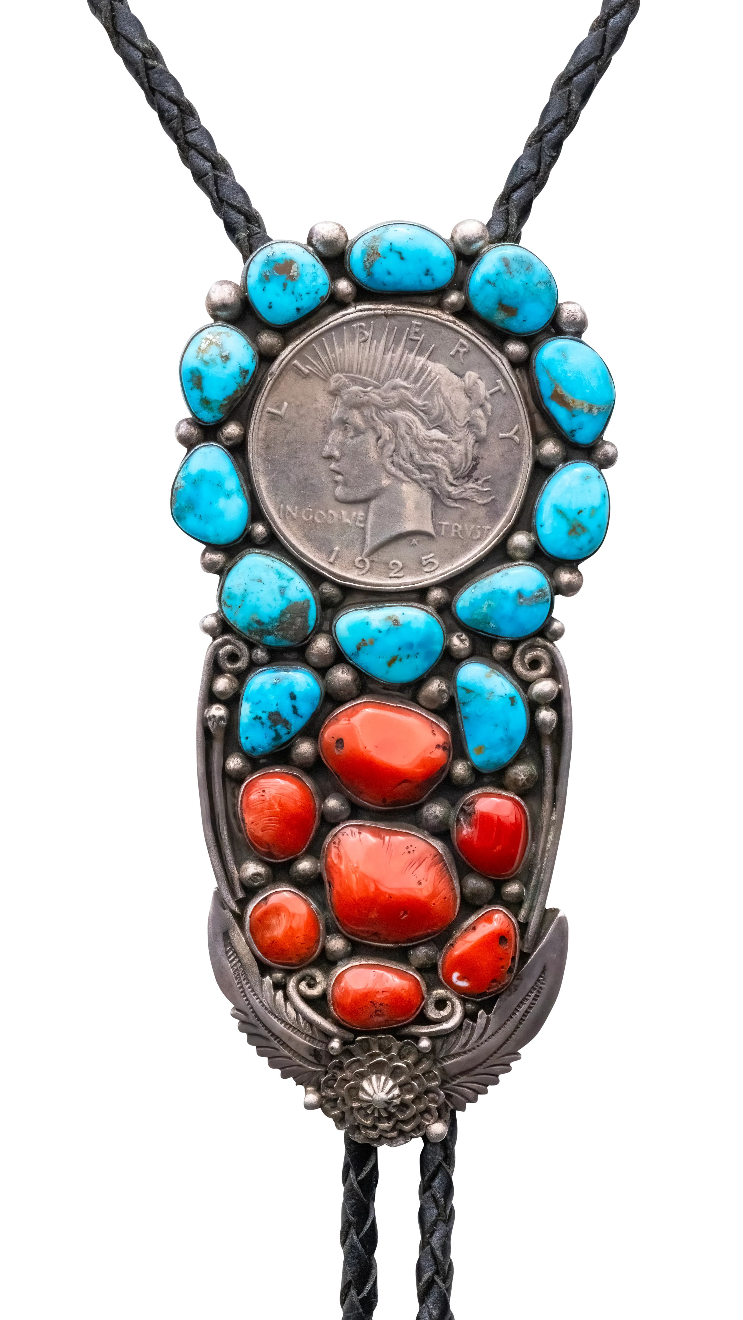 Liberty Dollar, Morenci Turquoise, & Mediterranean Coral Bolo Tie | Ben Begaye