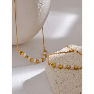 LOLO Natural Freshwater Pearl Stainless Steel Beads Chain Necklace Bracelet Bangle Gold Color Vintage Handmade Jewelry Women