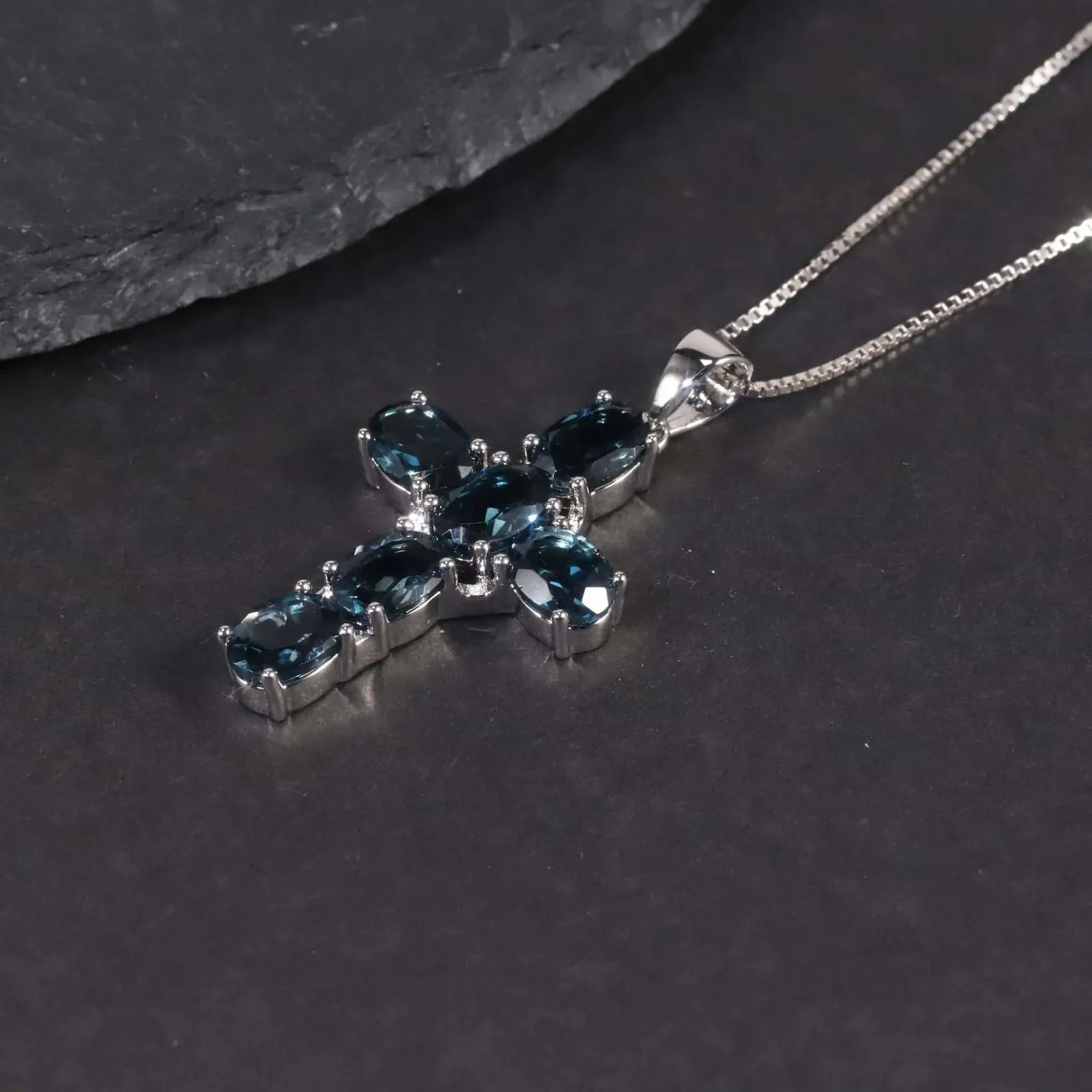 London Blue Topaz Cross Pendant Necklace in 925 Sterling Silver - Irosk Australia ®