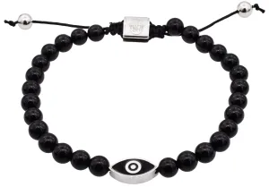 Mens Genuine Onyx 6mm Bead Stainless Steel Drawstring Evil Eye Bracelet