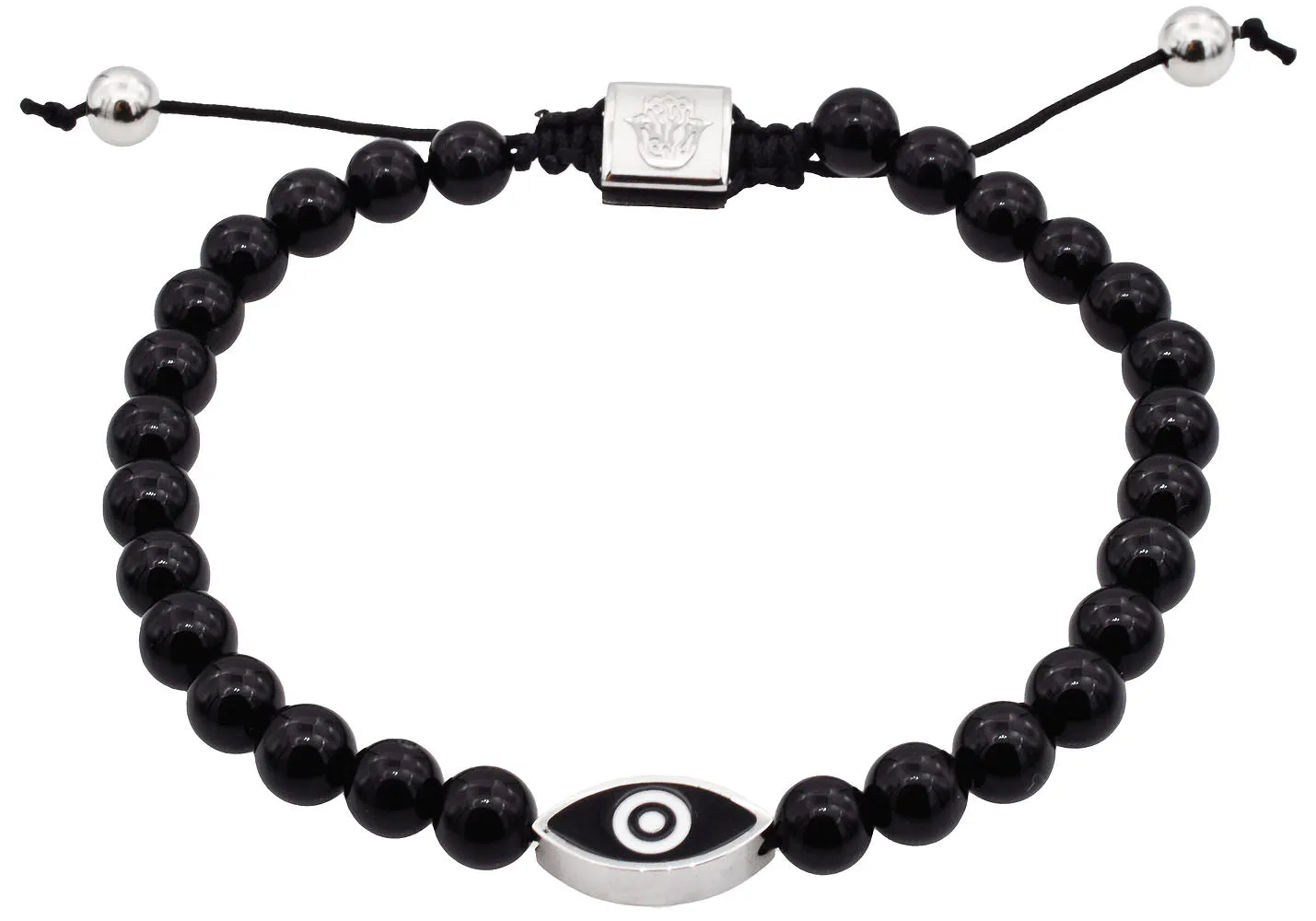 Mens Genuine Onyx 6mm Bead Stainless Steel Drawstring Evil Eye Bracelet