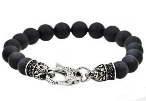 Mens Genuine Onyx Stainless Steel Beaded Bracelet With Black Cubic Zirconia
