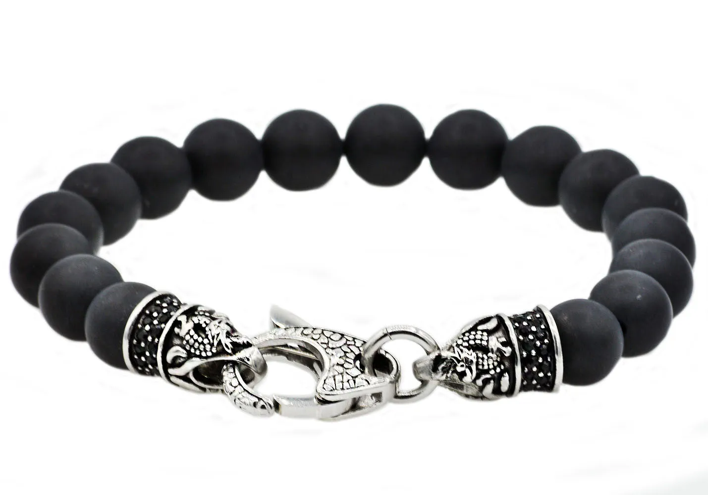 Mens Genuine Onyx Stainless Steel Beaded Bracelet With Black Cubic Zirconia