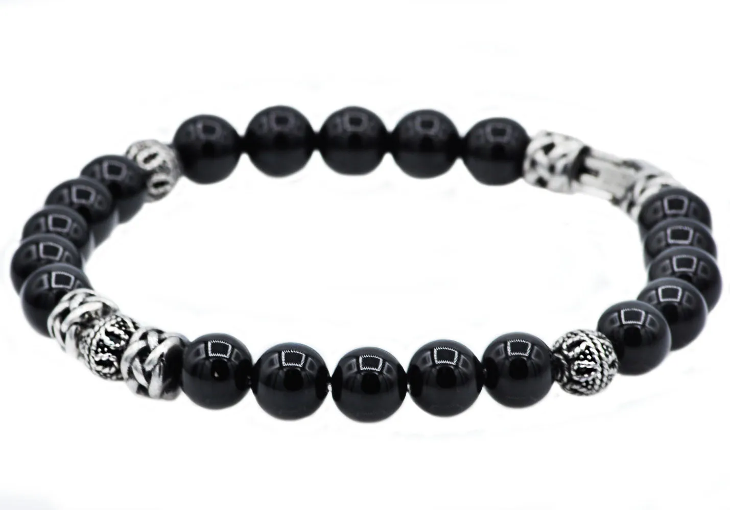 Mens Genuine Onyx Stainless Steel Beaded Bracelet