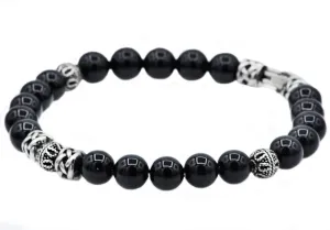 Mens Genuine Onyx Stainless Steel Beaded Bracelet