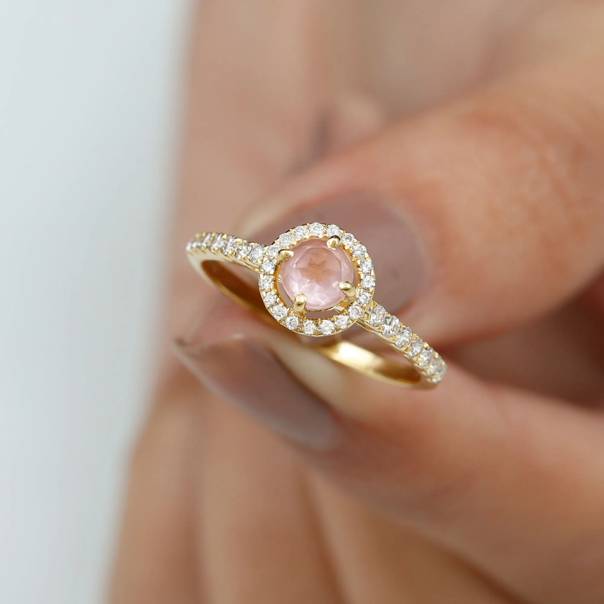 Minimal Rose Quartz Halo Engagement Ring with Diamond