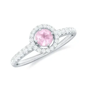 Minimal Rose Quartz Halo Engagement Ring with Diamond