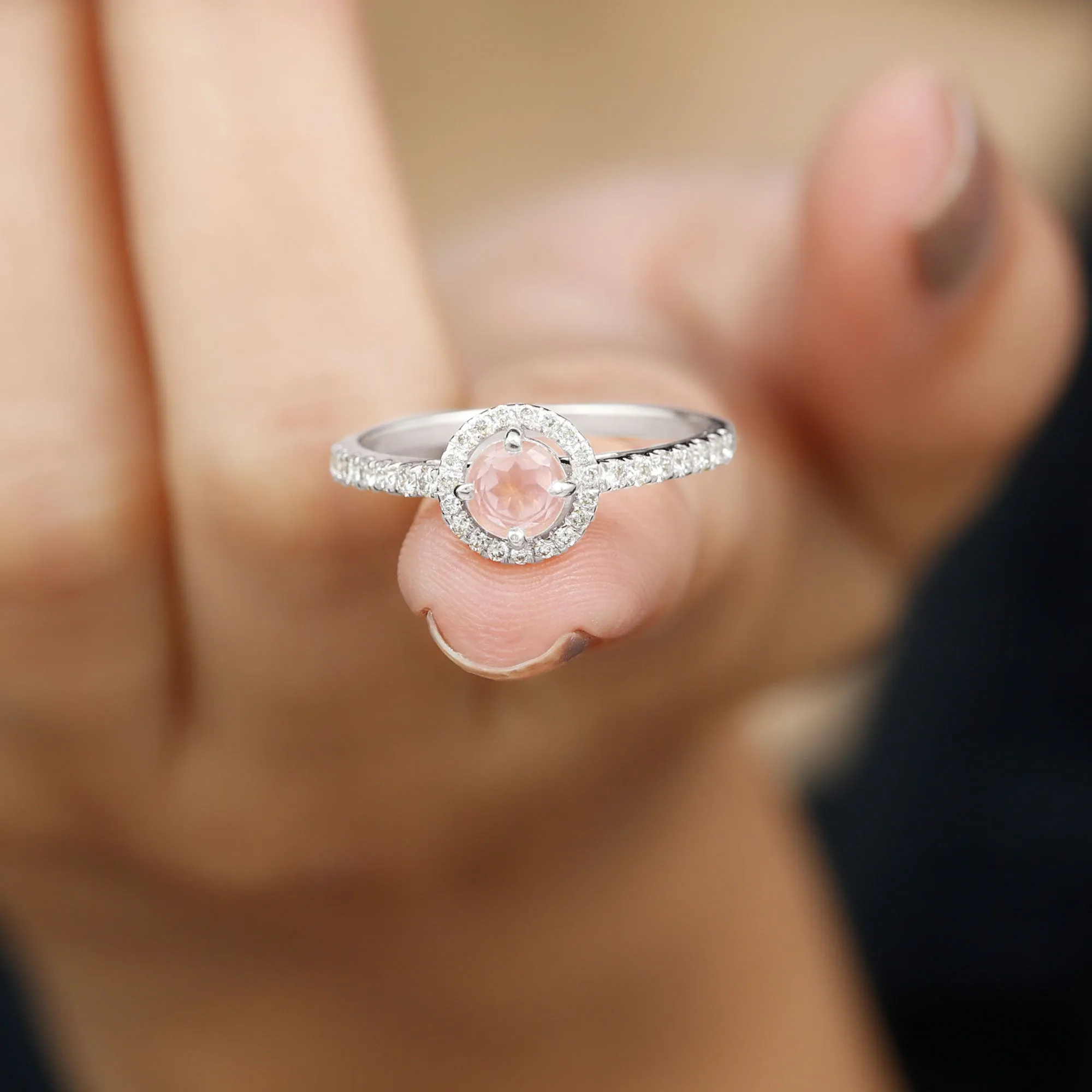 Minimal Rose Quartz Halo Engagement Ring with Diamond