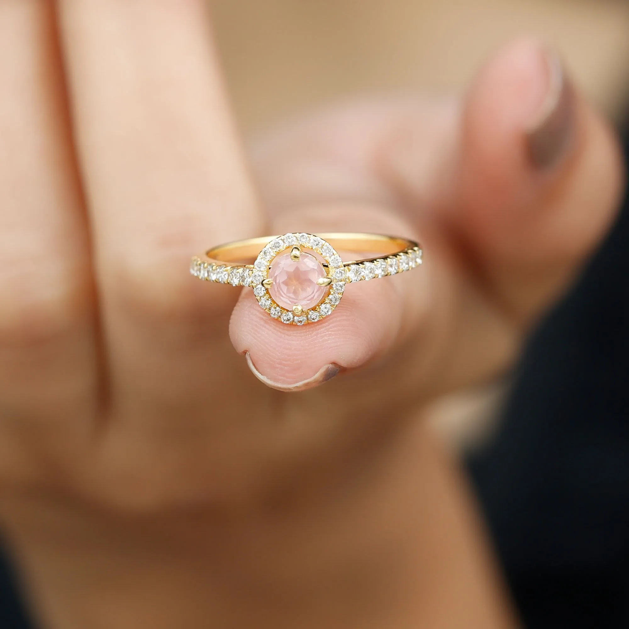 Minimal Rose Quartz Halo Engagement Ring with Diamond