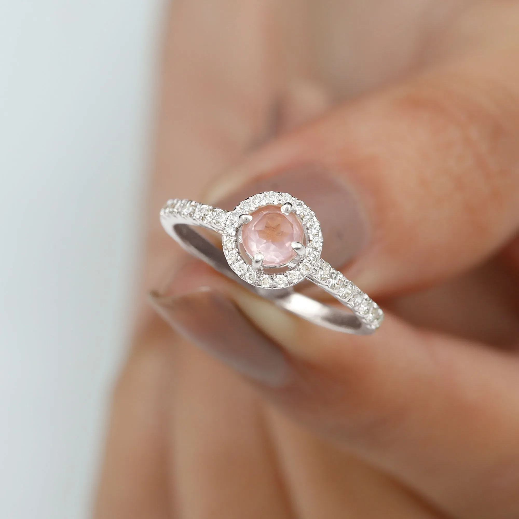 Minimal Rose Quartz Halo Engagement Ring with Diamond