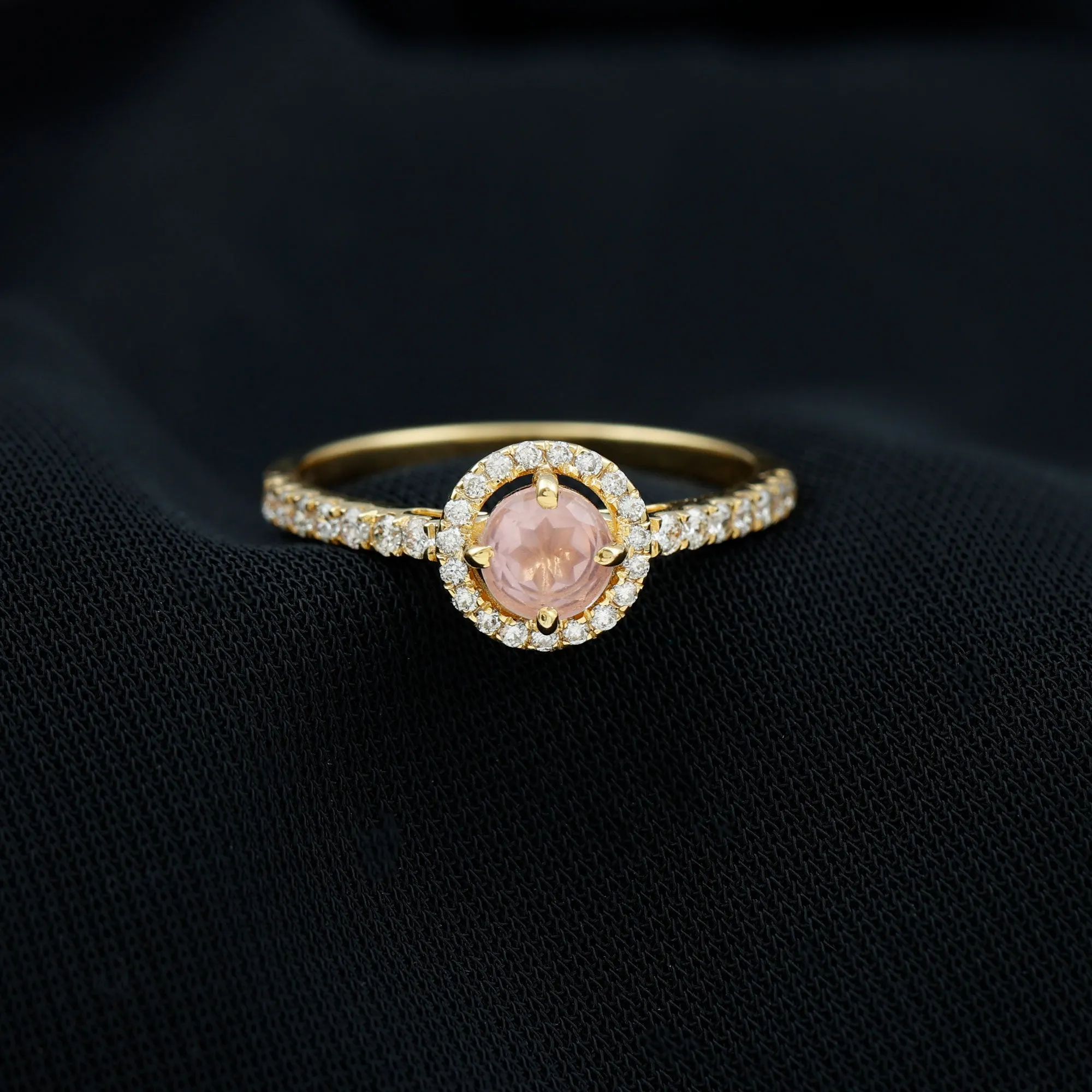 Minimal Rose Quartz Halo Engagement Ring with Diamond