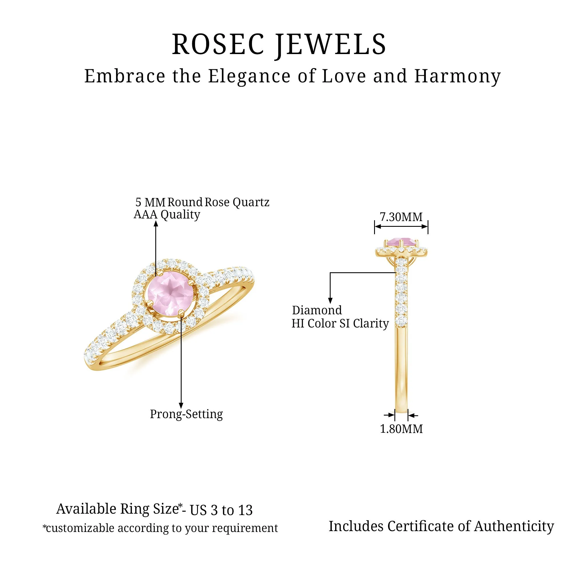 Minimal Rose Quartz Halo Engagement Ring with Diamond