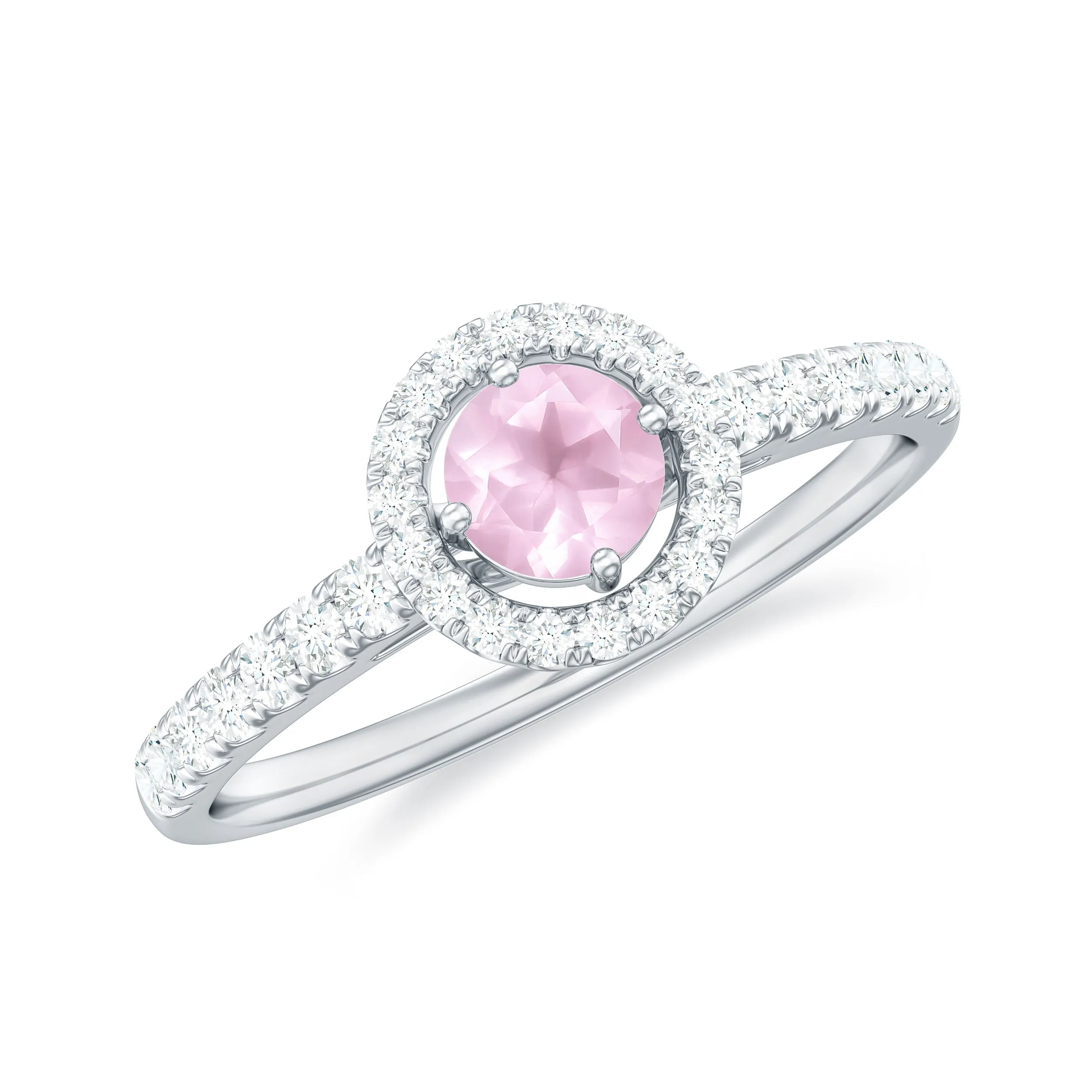 Minimal Rose Quartz Halo Engagement Ring with Diamond