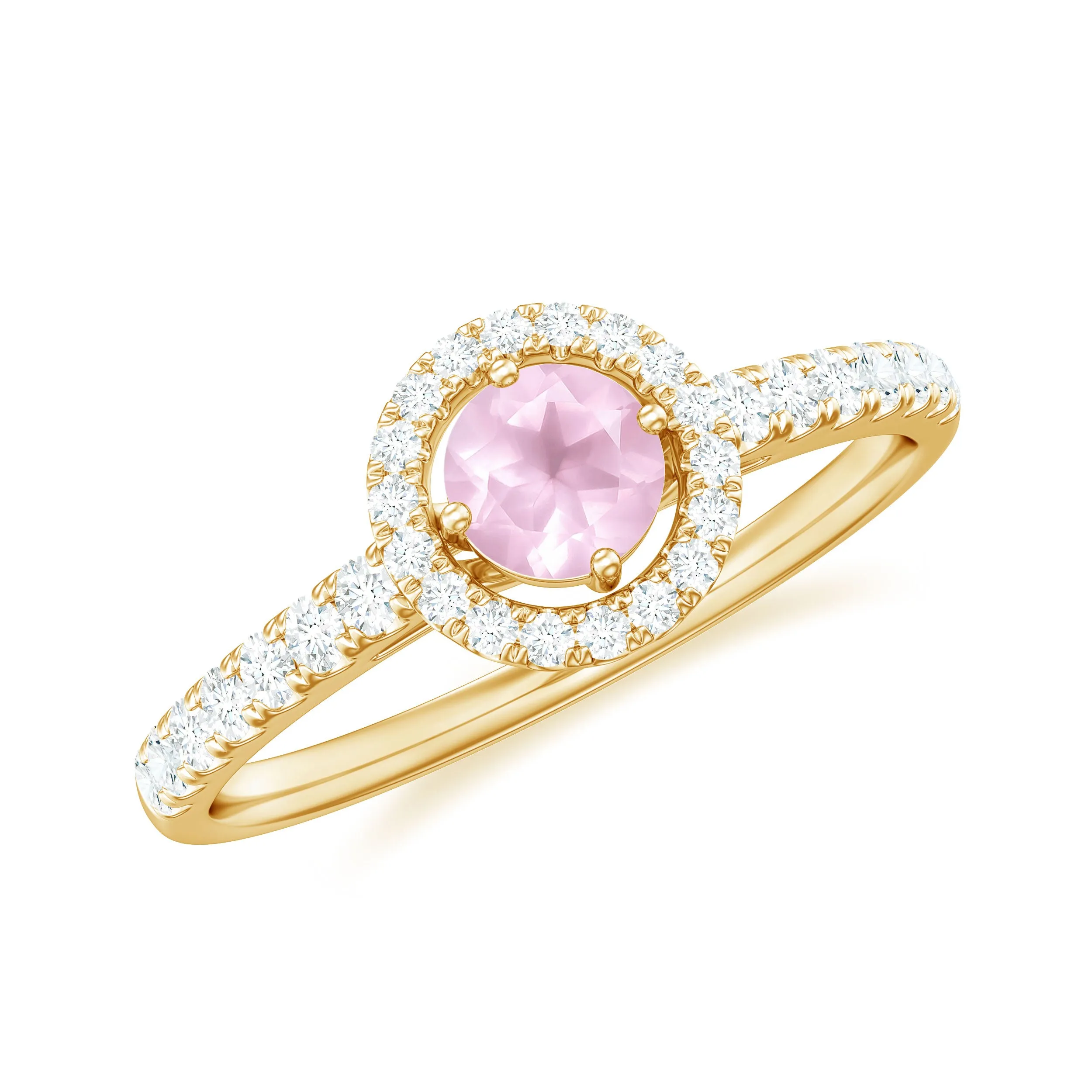 Minimal Rose Quartz Halo Engagement Ring with Diamond