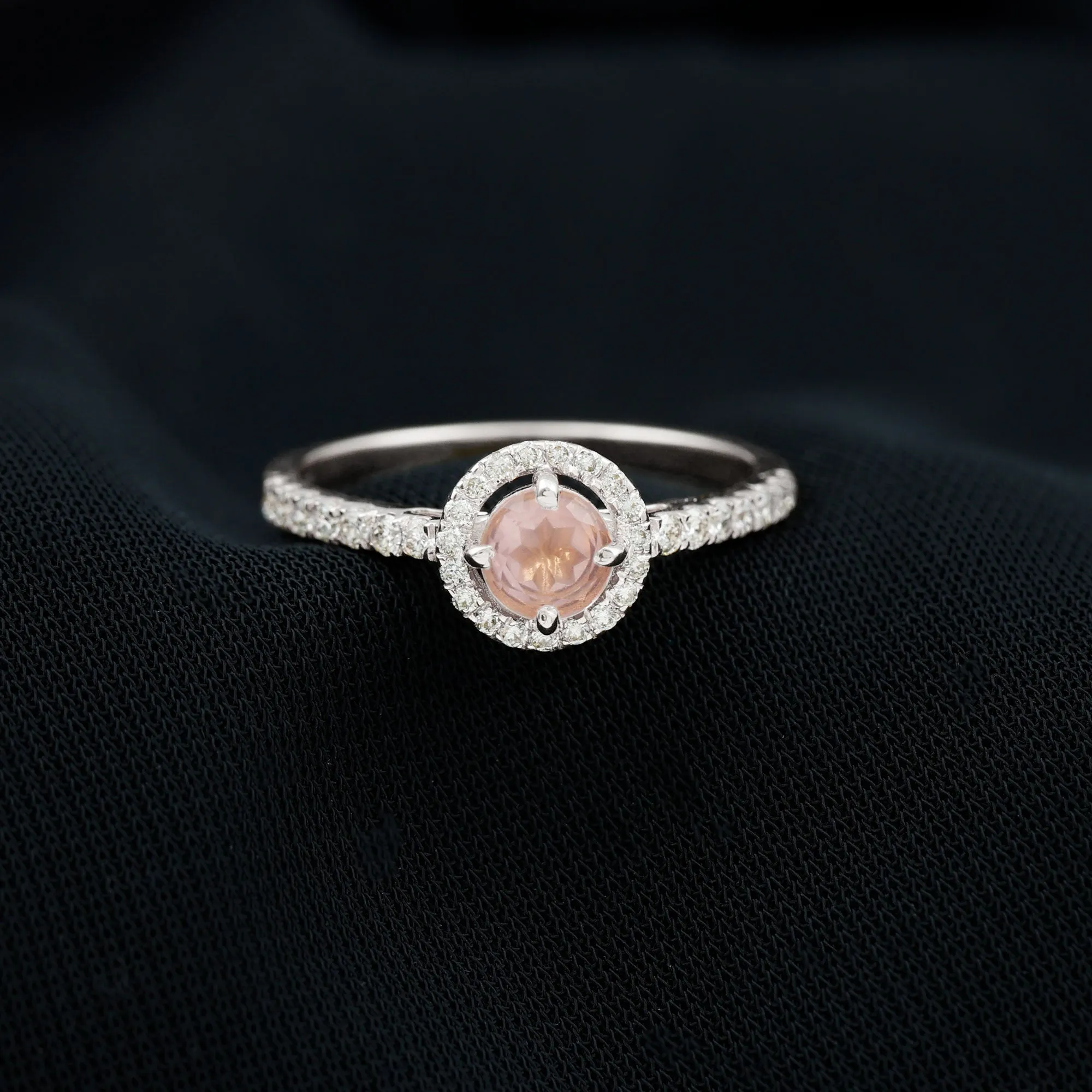 Minimal Rose Quartz Halo Engagement Ring with Diamond