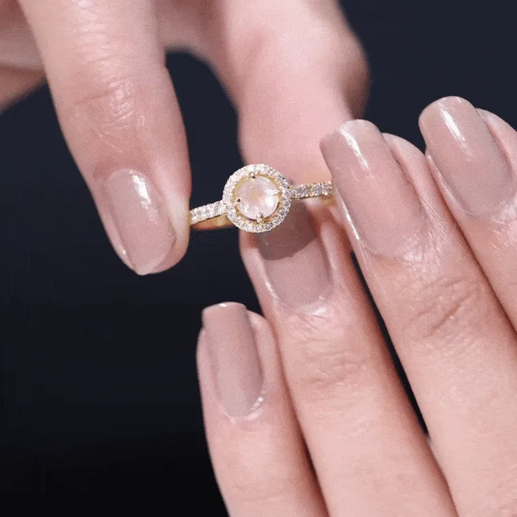 Minimal Rose Quartz Halo Engagement Ring with Diamond
