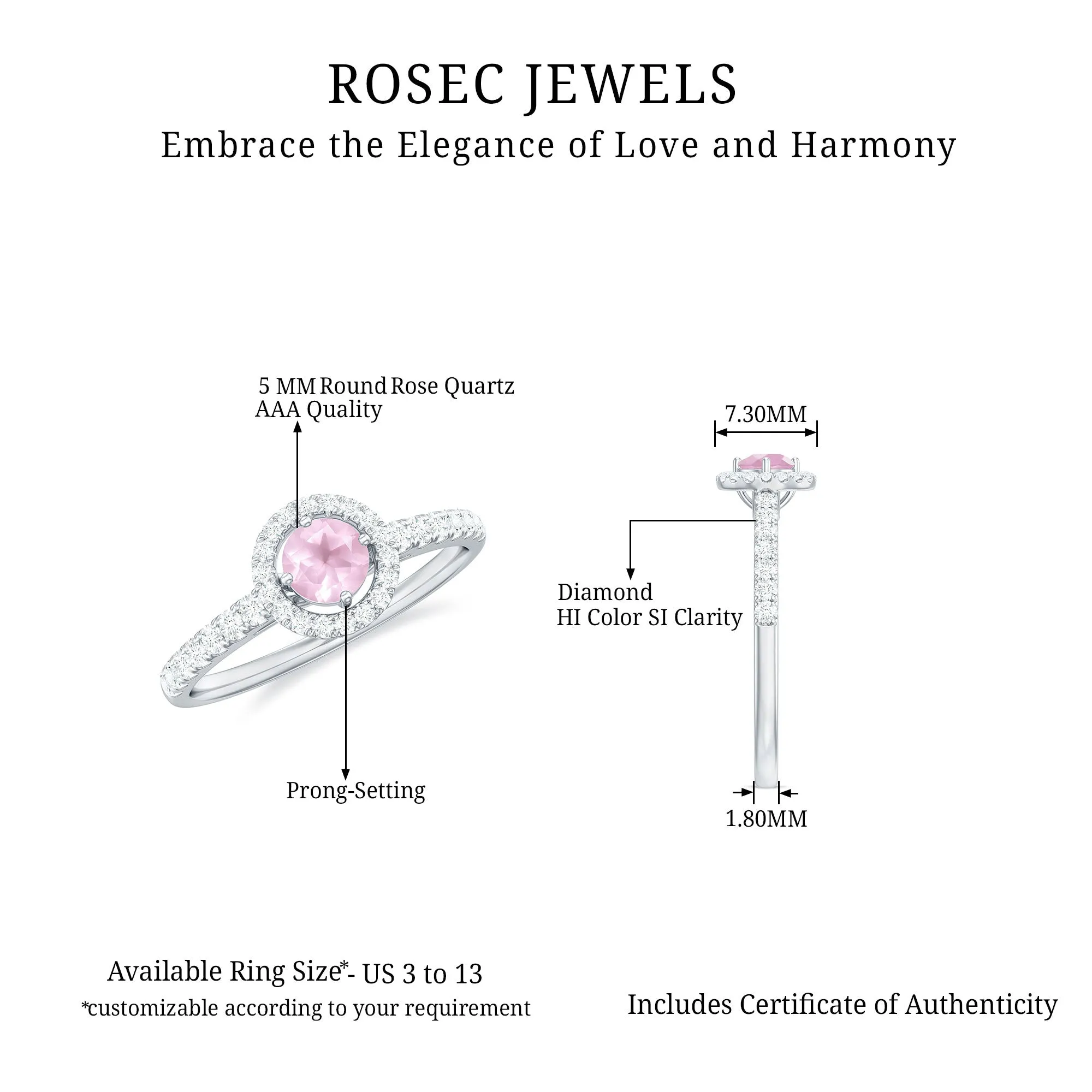 Minimal Rose Quartz Halo Engagement Ring with Diamond